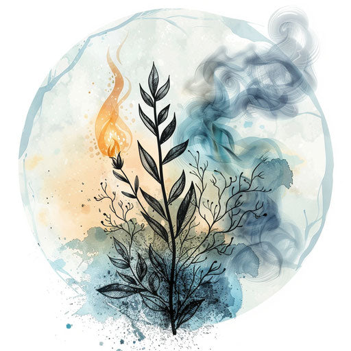 Elegant flat tattoo sketch with watercolor effects of burning sage with soft smoke
