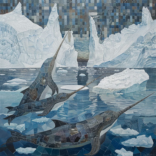 Narwhals playing in the wake of a melting iceberg, surrounded by a mosaic of ice