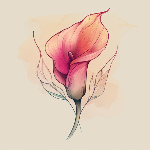 Flat tattoo sketch of vivid pink calla lily with delicate shading
