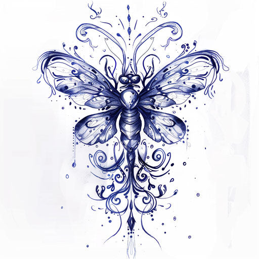 Mystical tattoo sketch of a firefly with magical swirls and midnight blue shades in clipart style
