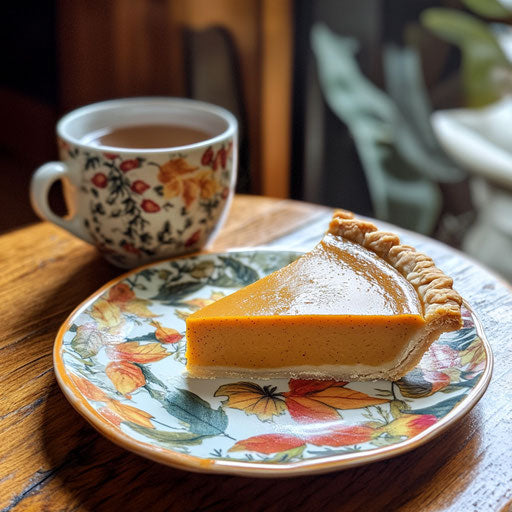 A slice of pumpkin pie on a colorful autumn-themed plate, with a warm cup of tea beside it, cozy kitchen setting