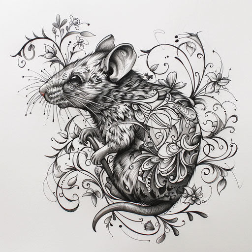 Tranquil tattoo sketch of a rat in Zen tangle style