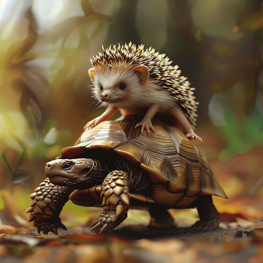 Comrades of Slowness: a hedgehog rides on the back of a friendly tortoise