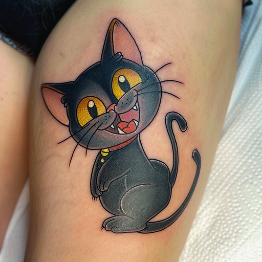 Whimsical black cat tattoo in cartoon style