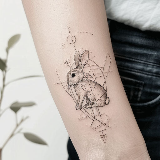Minimalist sketch of a bunny with geometric patterns in black ink