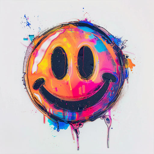 Smiley face tattoo design in vibrant neon colors on white