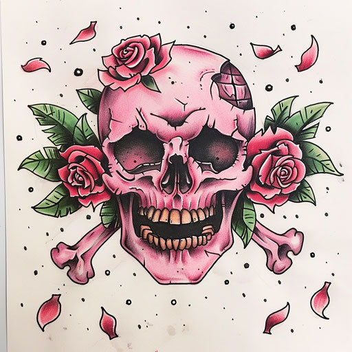Flat tattoo sketch of a pink skull with roses and crossbones