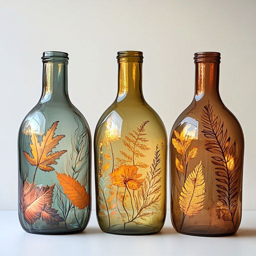 Upcycled glass bottles turned into vases with fall-themed etchings