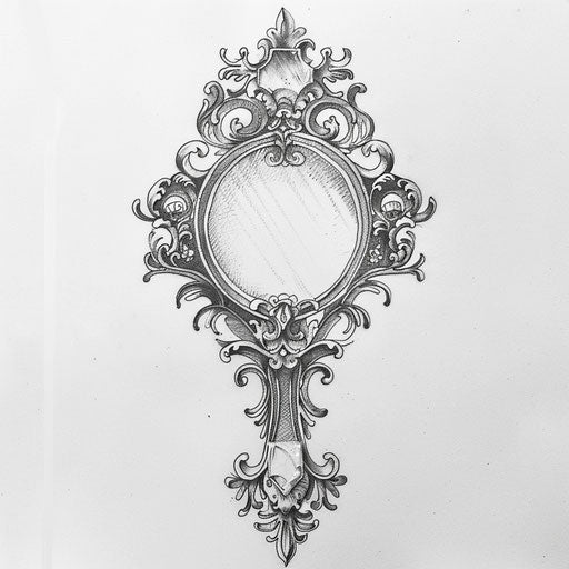 Elegant flat tattoo sketch of an ornate hand-held barber mirror