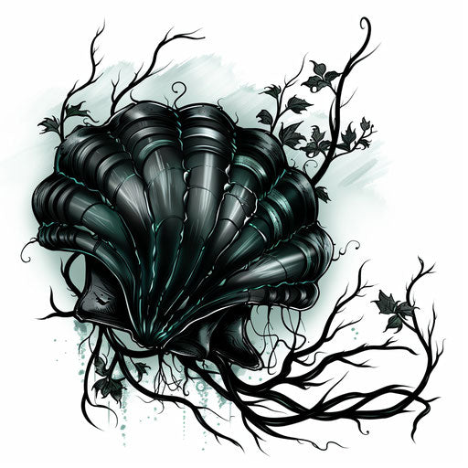 Gothic tattoo sketch of black shell with dark vines entwined, clipart style