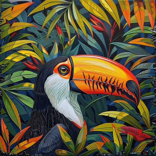 Toucan navigating through colorful tropical vines