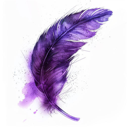 Sketch of a violet feather tattoo with soft gradients and detailed texture on pure white background