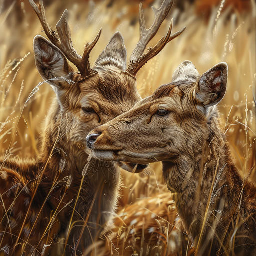 Yezo sika deer pair in gentle head-to-head embrace in tall grass field