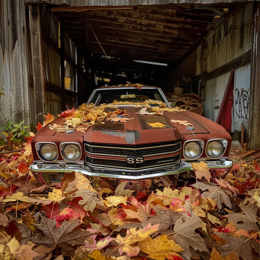 Rusty 1969 Chevrolet Chevelle SS barn find in autumn leaves