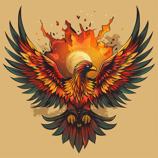 Phoenix spreading wings on chest, Steve Sack style