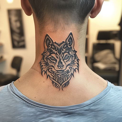 Tribal wolf tattoo on neck in Glenn Fabry style