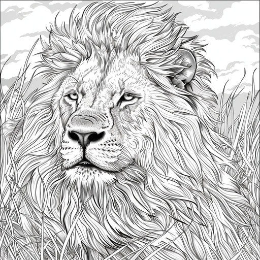 Majestic lion in the savannah - Coloring book page