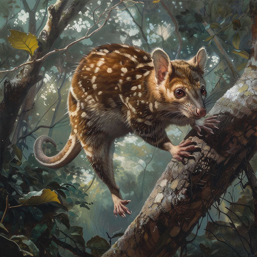 Tiger quoll leaping in dense Australian forest
