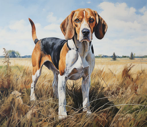 Hunting dog on grass field, light brown maroon white style