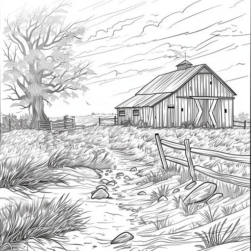 A peaceful morning scene with a barn and dew-covered grass. Coloring book page