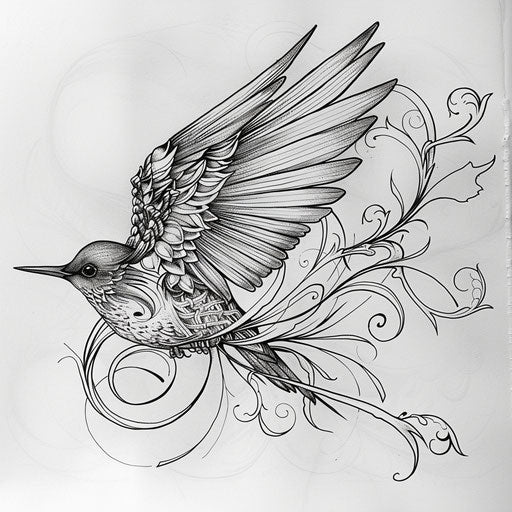 Ink pen drawing of a swallow tattoo, intricate linework, on white parchment-like background
