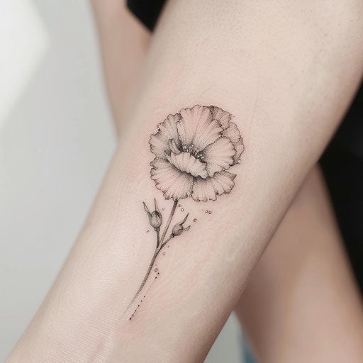 Realistic carnation tattoo with dewdrops on the petals, on a stark white background