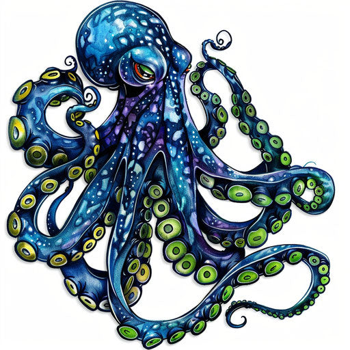 Octopus sailor tattoo design, realistic style, blues and greens
