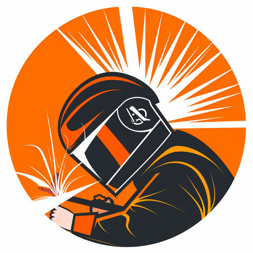 Dynamic welding logo with welding arc on bright orange background