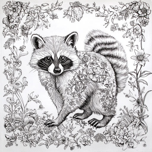 Raccoon with intricate botanical designs, inspired by Raqib Shaw, Coloring book page