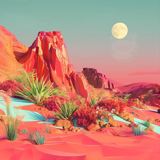 Realistic landscape clipart on vibrant coral background