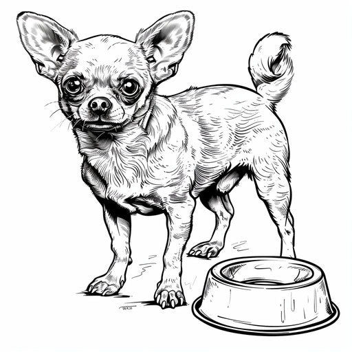 Chihuahua by a bowl, waiting for dinner