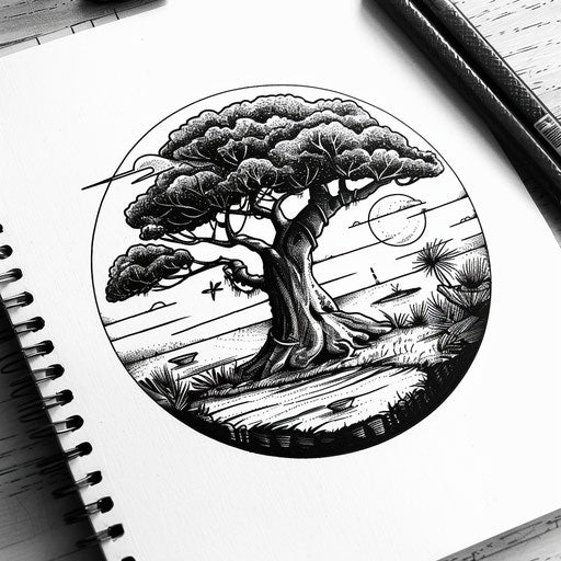 Black and white illustration of a traditional African landscape tattoo design