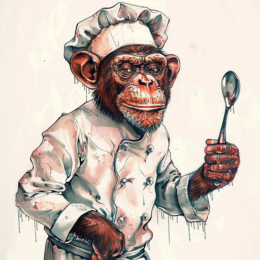 Sketch of a monkey chef holding a spoon, culinary-themed tattoo artwork with delicious colors on white canvas.