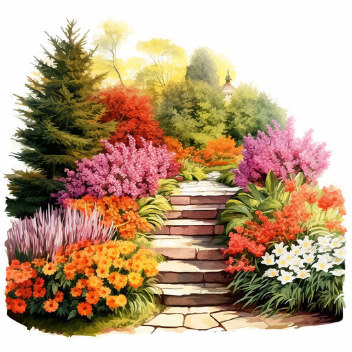 Oil painting style garden on white background