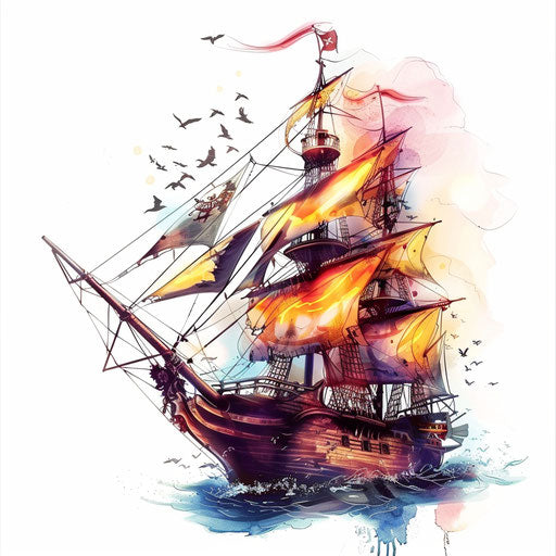 Anime-inspired pirate ship sailing the high seas, adventurous tattoo concept on white background