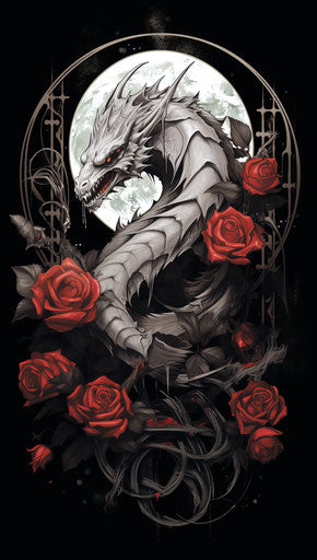 Dragon and roses with crescent moon, white and red style