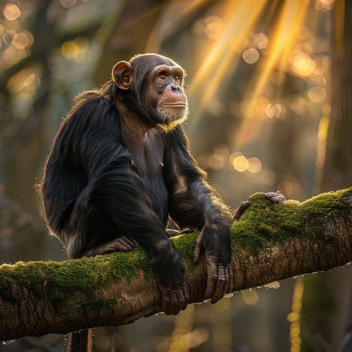 Chimpanzee sitting on a moss-covered tree branch with rays of sunlight