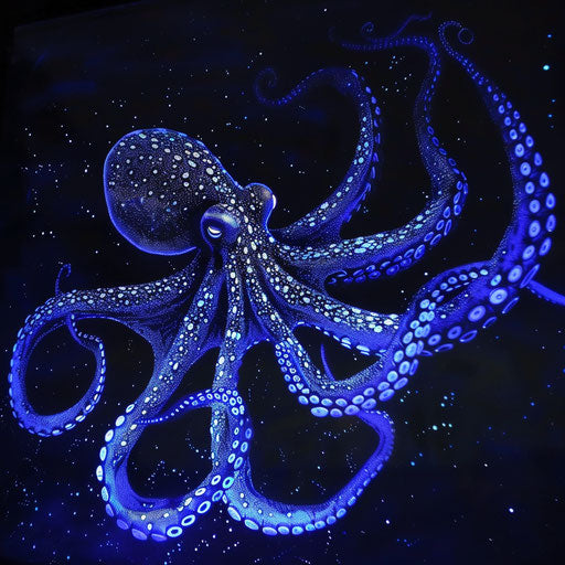 Octopus illuminated by bioluminescence in dark waters