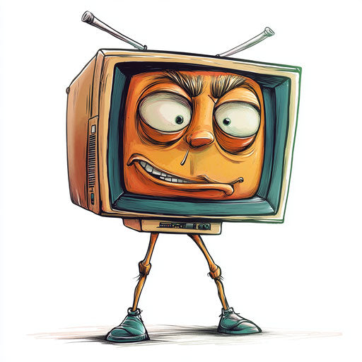 Humorous caricature of a TV clipart with human characteristics, exaggerated raised eyebrows, thin legs, pastel shades, vibrant colors, cartoon style, winking, high-res, backgroundless, isolated