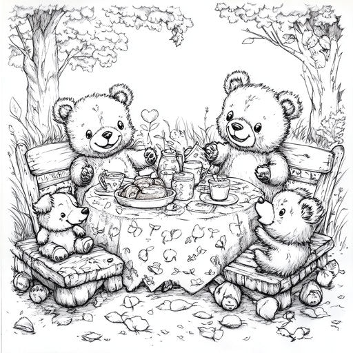 Gummy bear picnic with playful animals in Andy Marlette Coloring book style