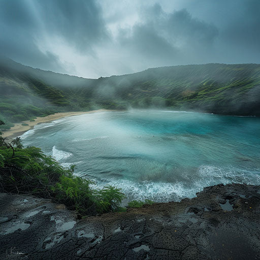 Hanauma Bay shrouded in morning mist, in the style of Mikko Lagerstedt