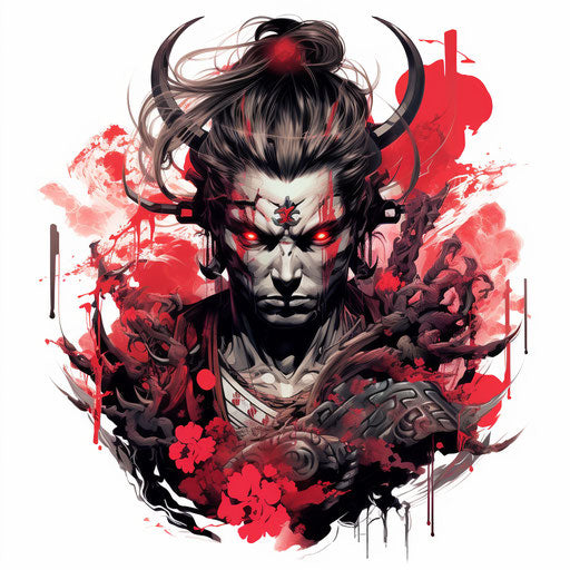 Black and white drawing of a samurai, colorful imagery style