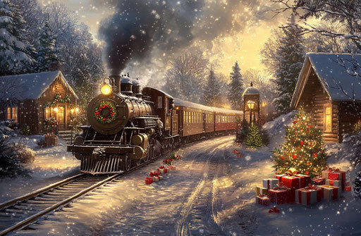 Vintage steam train in snow with Christmas decorations