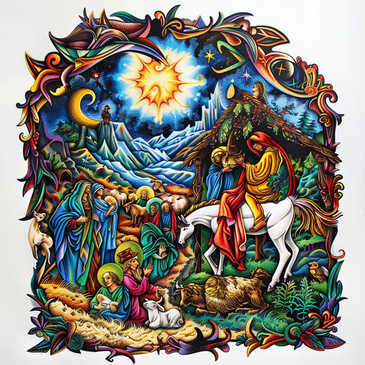 Biblical scene of the Nativity in vibrant color tattoo