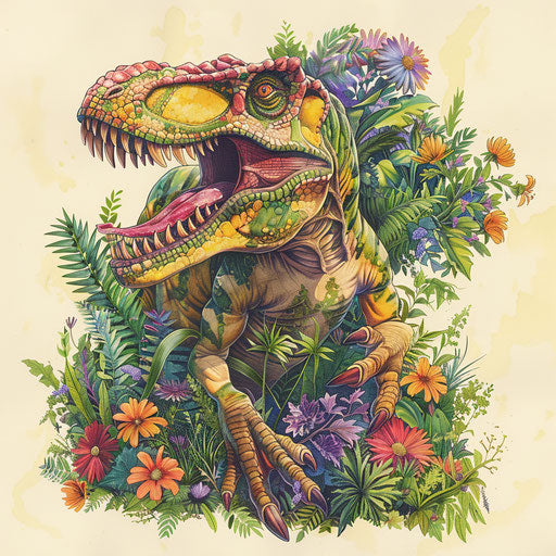 T-rex dinosaur surrounded by vibrant primeval flora