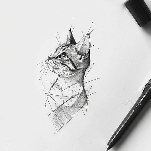 Playful geometric tattoo sketch of a cat silhouette filled with geometric patterns, on a pure white background