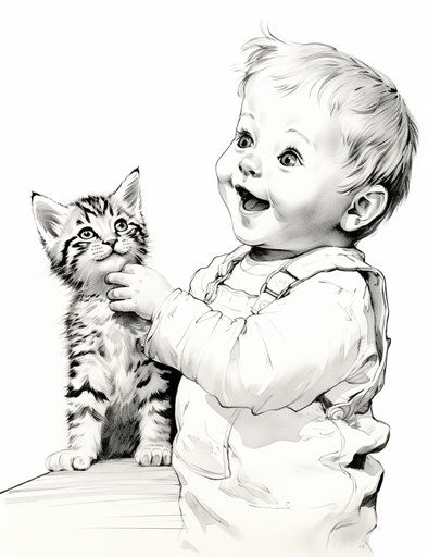 Vintage cat and baby coloring pages, comic art style