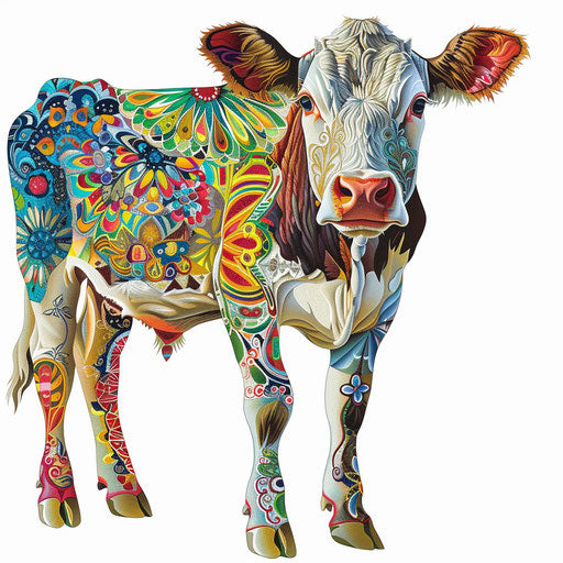 Cute cow clipart with flat white background, detailed and colorful
