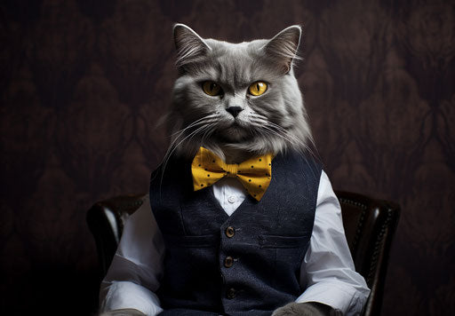 Cat in bow tie, dark yellow and silver style, English major, mallgoth, bold contrast, rich hues, dark gray and amber