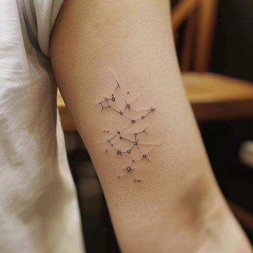 Minimalist flat tattoo sketch of the Aquarius constellation with simple, clean star connections